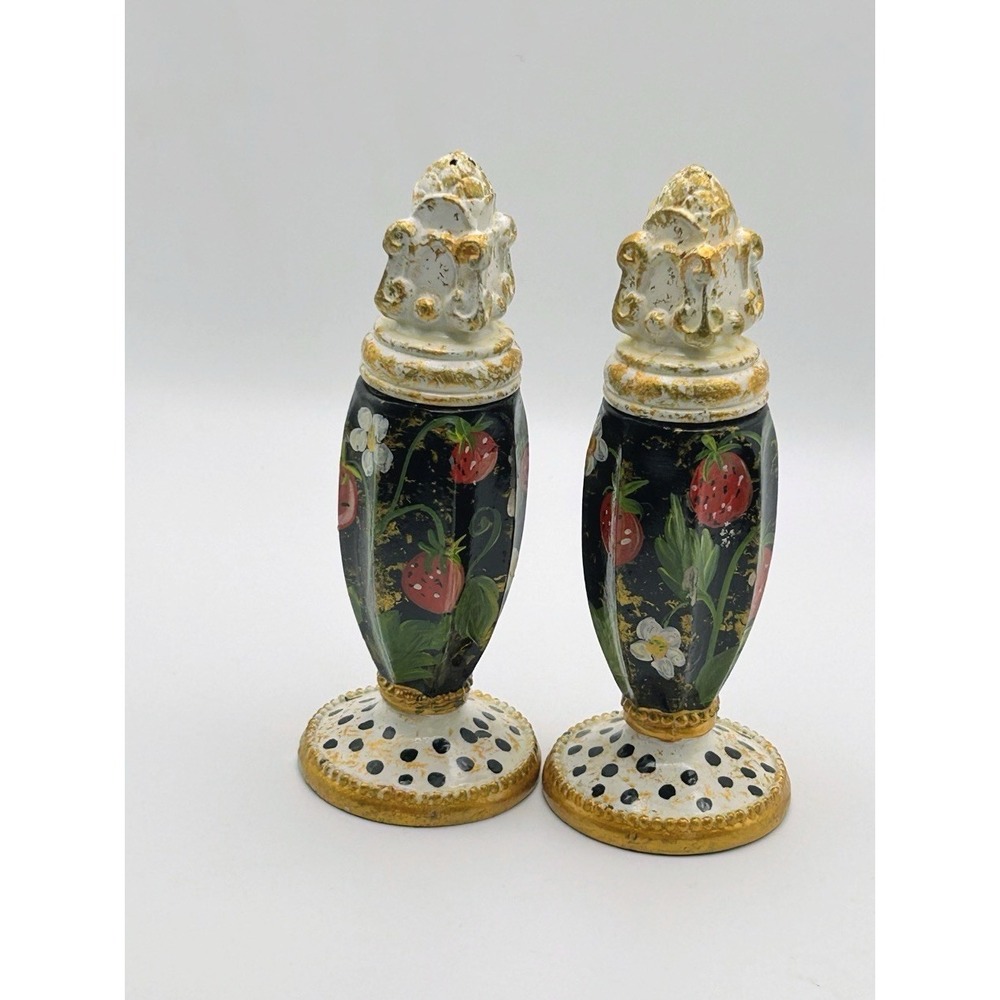 Vintage Godinger Strawberry Salt Pepper Shakers Hand Painted Black Gold Set‎
